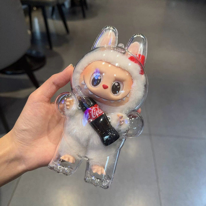 Clear Protective Case for Labubu Figurines - Cute Halloween Design with Pink Bunny & Blue Elephant, Durable ABS Material, Dustproof Cover for Collectors, Backpack Decor, Outdoor Display, Ornament Storage Pralena