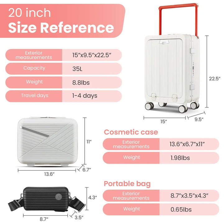 20-Inch Aluminum Frame Carry-On Luggage with Front Open Compartment, PC Hard Shell, Wide Handle, 360° Spinner Wheels, and TSA Lock - Airline Approved for Business Travel(White) Pralena