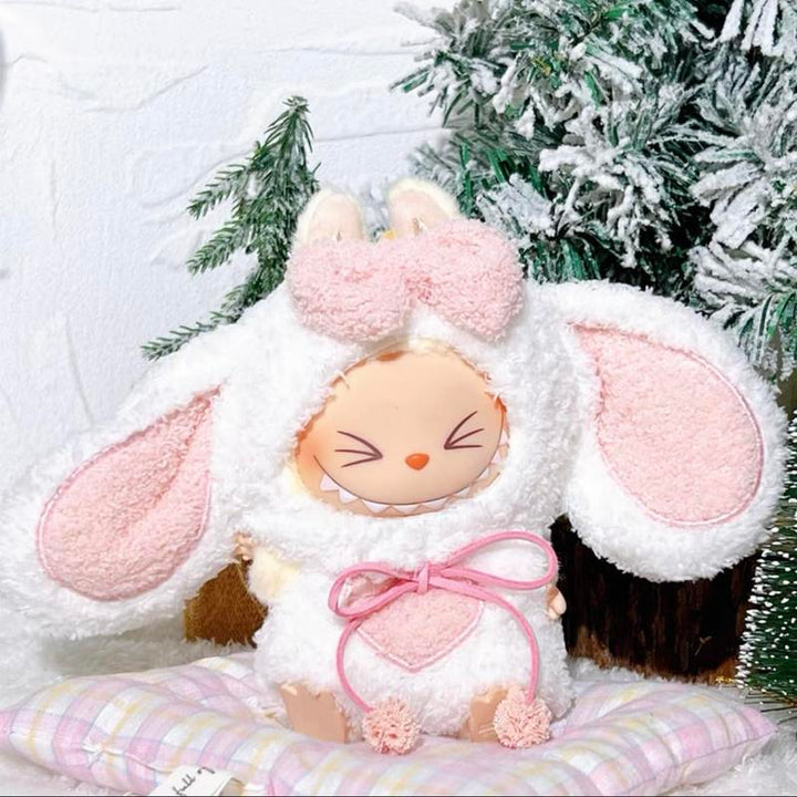 Cute Bunny Plush LABUBU Outfit, 17cm White and Pink Costume with Headwear for LABUBU, Rabbit Labubu Clothing Pralena