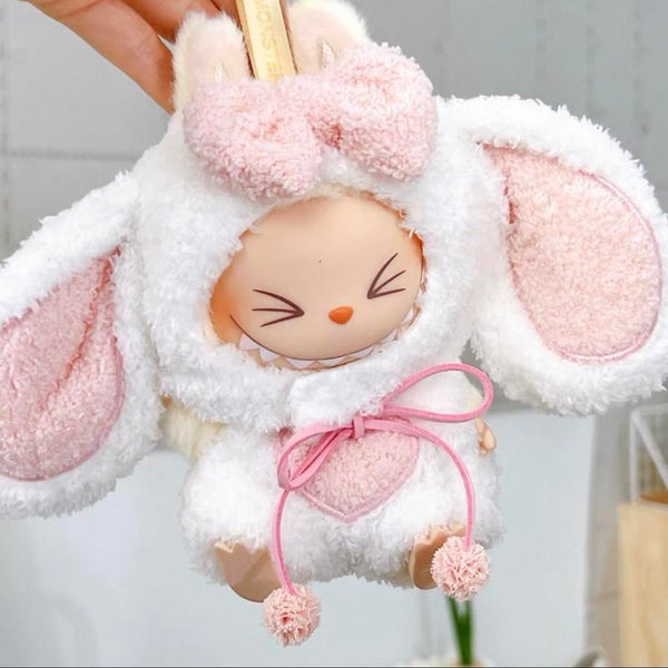 Cute Bunny Plush LABUBU Outfit, 17cm White and Pink Costume with Headwear for LABUBU, Rabbit Labubu Clothing Pralena