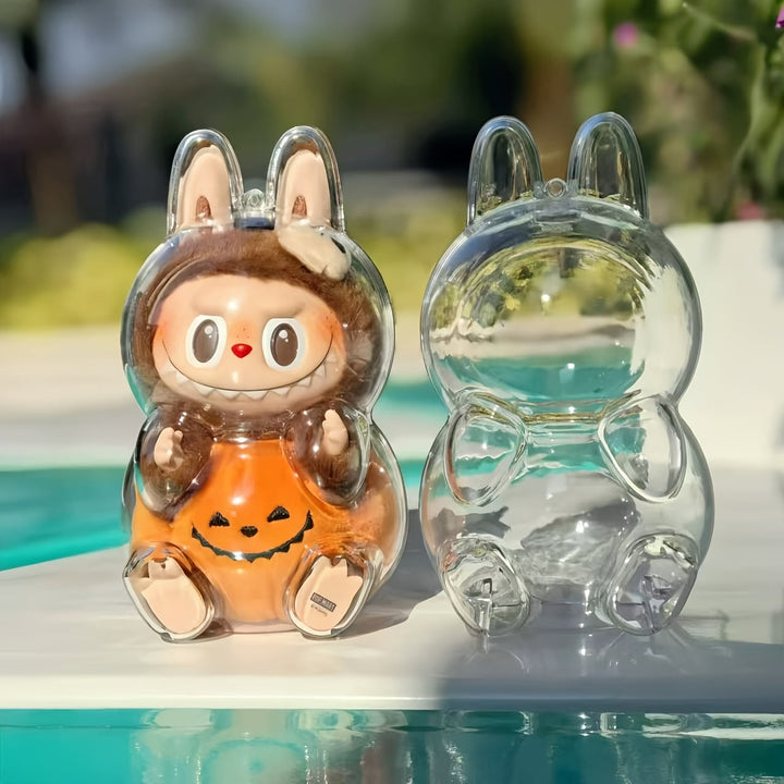 Clear Protective Case for Labubu Figurines - Cute Halloween Design with Pink Bunny & Blue Elephant, Durable ABS Material, Dustproof Cover for Collectors, Backpack Decor, Outdoor Display, Ornament Storage Pralena