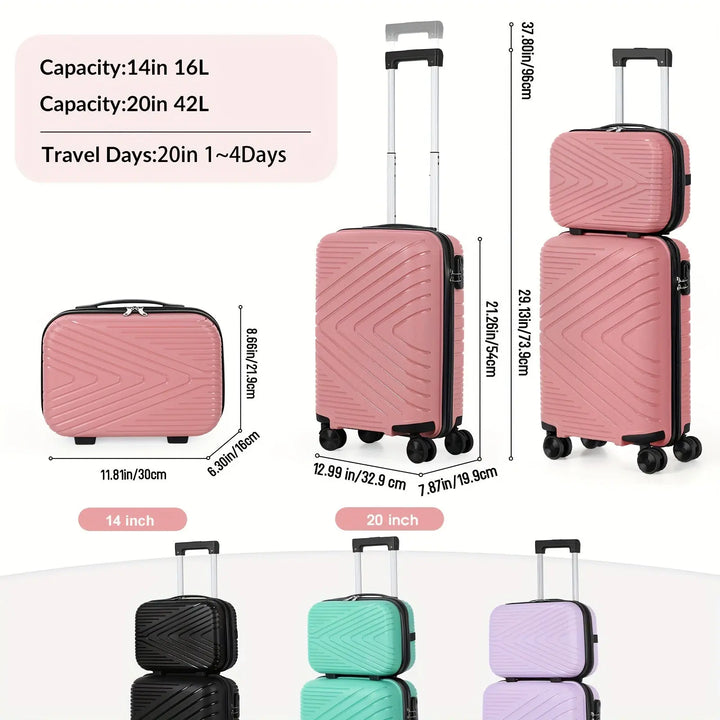 2pcs Lightweight Carry-On Luggage With Cosmetic Bag Set, ABS Material Suitcase With Aluminum Alloy Handle Pralena