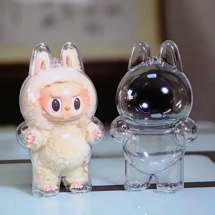 Clear Protective Case for Labubu Figurines - Cute Halloween Design with Pink Bunny & Blue Elephant, Durable ABS Material, Dustproof Cover for Collectors, Backpack Decor, Outdoor Display, Ornament Storage Pralena