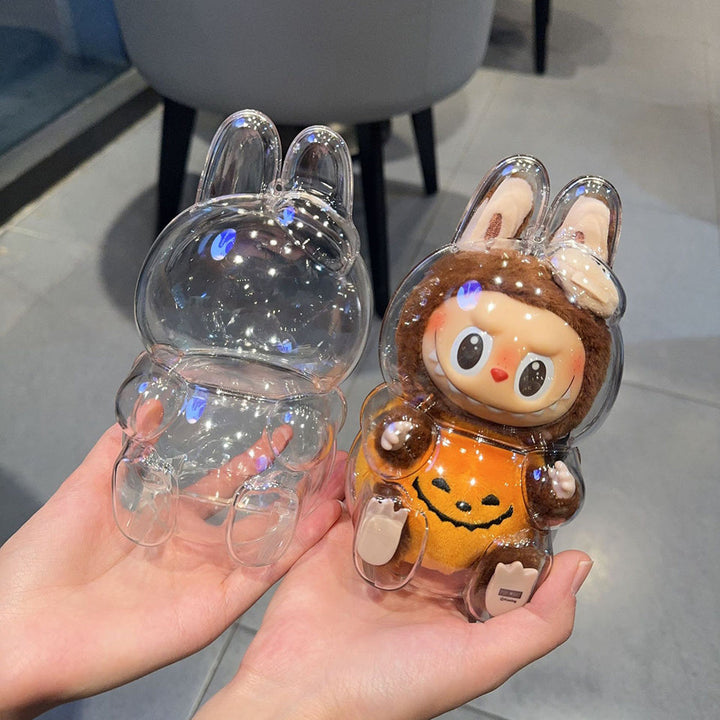 Clear Protective Case for Labubu Figurines - Cute Halloween Design with Pink Bunny & Blue Elephant, Durable ABS Material, Dustproof Cover for Collectors, Backpack Decor, Outdoor Display, Ornament Storage Pralena