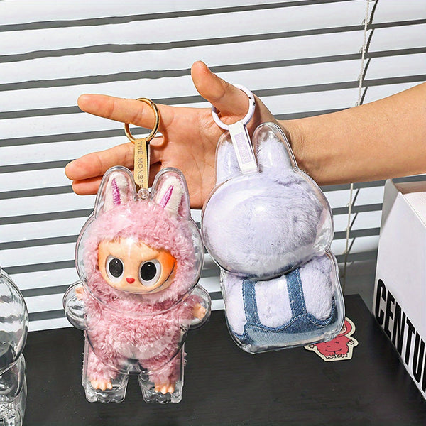 Clear Protective Case for Labubu Figurines - Cute Halloween Design with Pink Bunny & Blue Elephant, Durable ABS Material, Dustproof Cover for Collectors, Backpack Decor, Outdoor Display, Ornament Storage Pralena