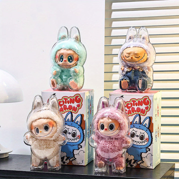 Clear Protective Case for Labubu Figurines - Cute Halloween Design with Pink Bunny & Blue Elephant, Durable ABS Material, Dustproof Cover for Collectors, Backpack Decor, Outdoor Display, Ornament Storage Pralena