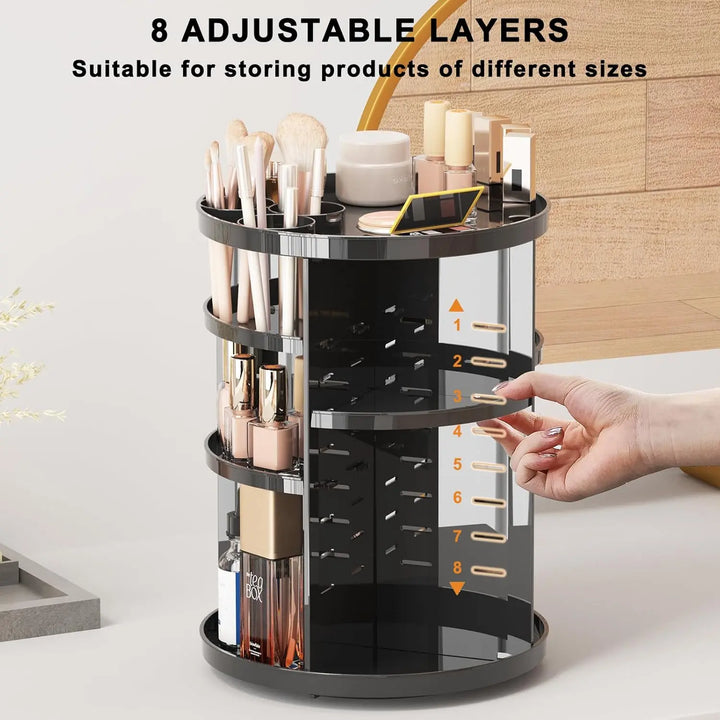 Rotating Makeup Organizer, DIY 8 Adjustable Layers Spinning Skincare Organizer, Cosmetic Display Case with Brush Holder Perfume Tray, Multi-Function Storage Carousel for Vanity Bathroom Countertop Pralena