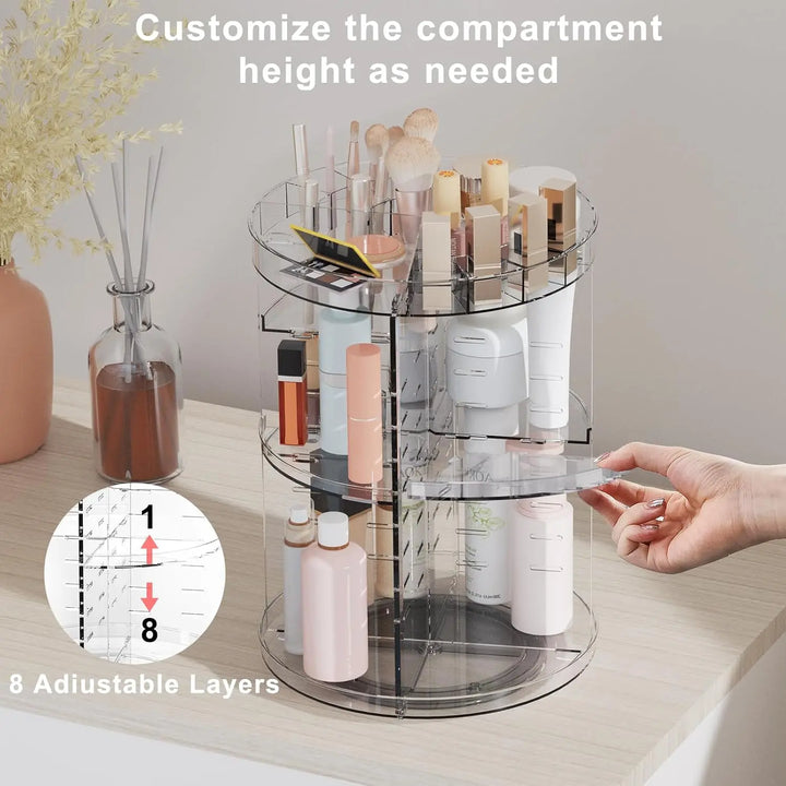 Rotating Makeup Organizer, DIY 8 Adjustable Layers Spinning Skincare Organizer, Cosmetic Display Case with Brush Holder Perfume Tray, Multi-Function Storage Carousel for Vanity Bathroom Countertop Pralena