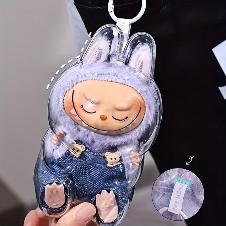 Clear Protective Case for Labubu Figurines - Cute Halloween Design with Pink Bunny & Blue Elephant, Durable ABS Material, Dustproof Cover for Collectors, Backpack Decor, Outdoor Display, Ornament Storage Pralena