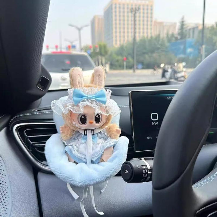 Labubu Car Seat for Dolls with Soft Furry Cushion, Air Vent Clip and Desktop Stand, Cute and Functional Car Ornament for Labubu Fans and Doll Collectors Pralena