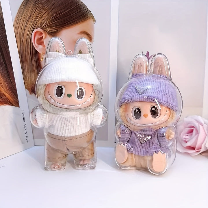 Clear Protective Case for Labubu Figurines - Cute Halloween Design with Pink Bunny & Blue Elephant, Durable ABS Material, Dustproof Cover for Collectors, Backpack Decor, Outdoor Display, Ornament Storage Pralena