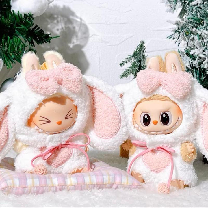 Cute Bunny Plush LABUBU Outfit, 17cm White and Pink Costume with Headwear for LABUBU, Rabbit Labubu Clothing Pralena