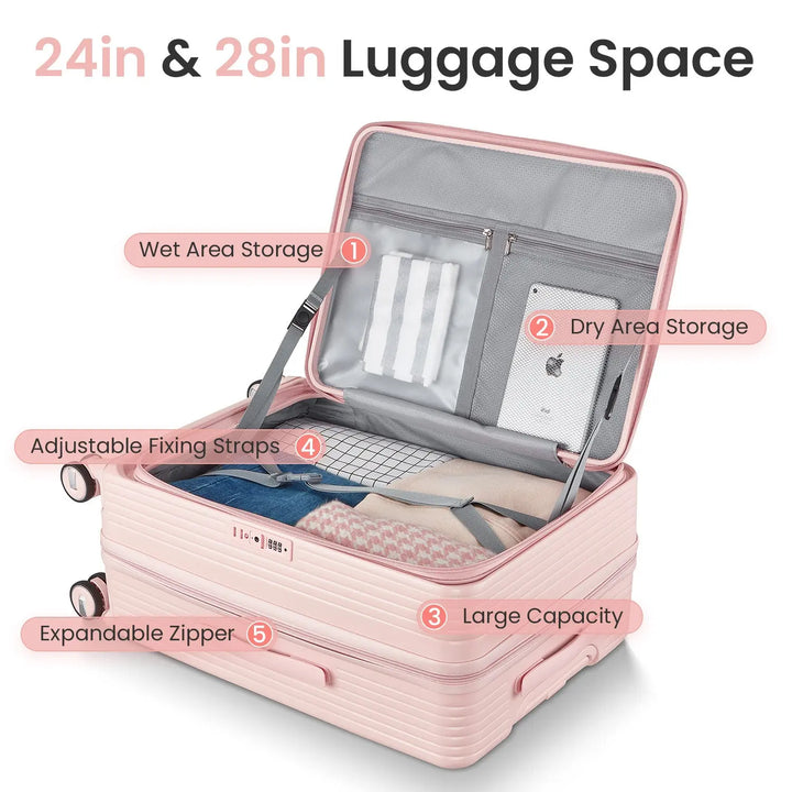 3-Piece Hardshell Luggage Set with Front Opening, Expandable Carry-On, TSA Lock & Double Wheels - Lightweight PC Suitcases with PVC Covers (20in/24in/28in) Pralena