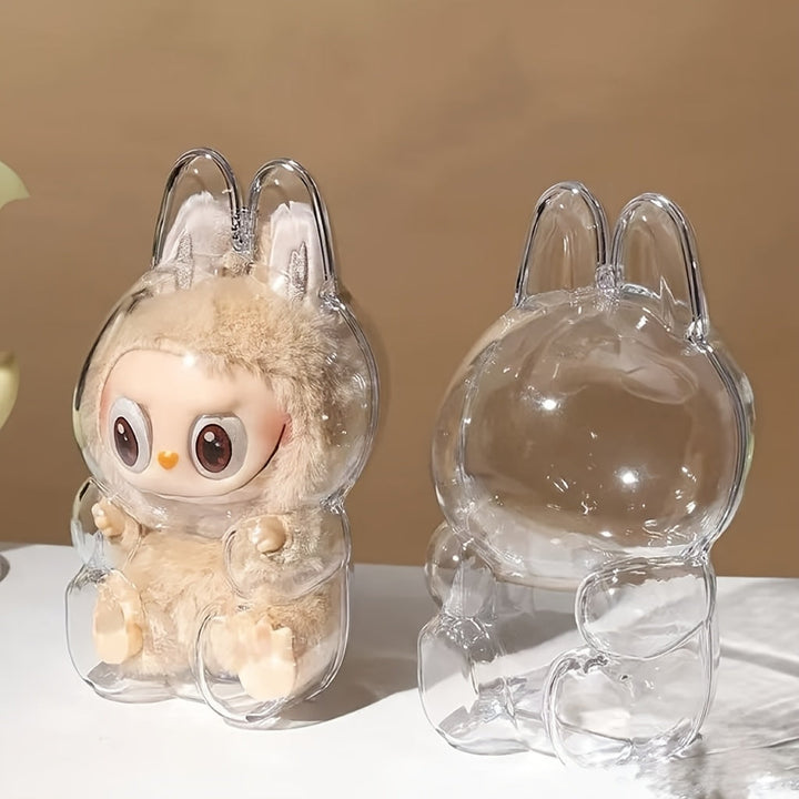 Clear Protective Case for Labubu Figurines - Cute Halloween Design with Pink Bunny & Blue Elephant, Durable ABS Material, Dustproof Cover for Collectors, Backpack Decor, Outdoor Display, Ornament Storage Pralena
