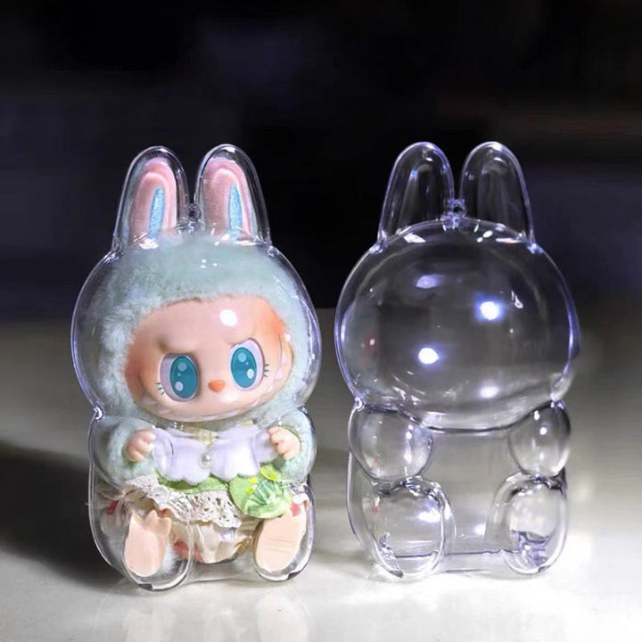 Clear Protective Case for Labubu Figurines - Cute Halloween Design with Pink Bunny & Blue Elephant, Durable ABS Material, Dustproof Cover for Collectors, Backpack Decor, Outdoor Display, Ornament Storage Pralena