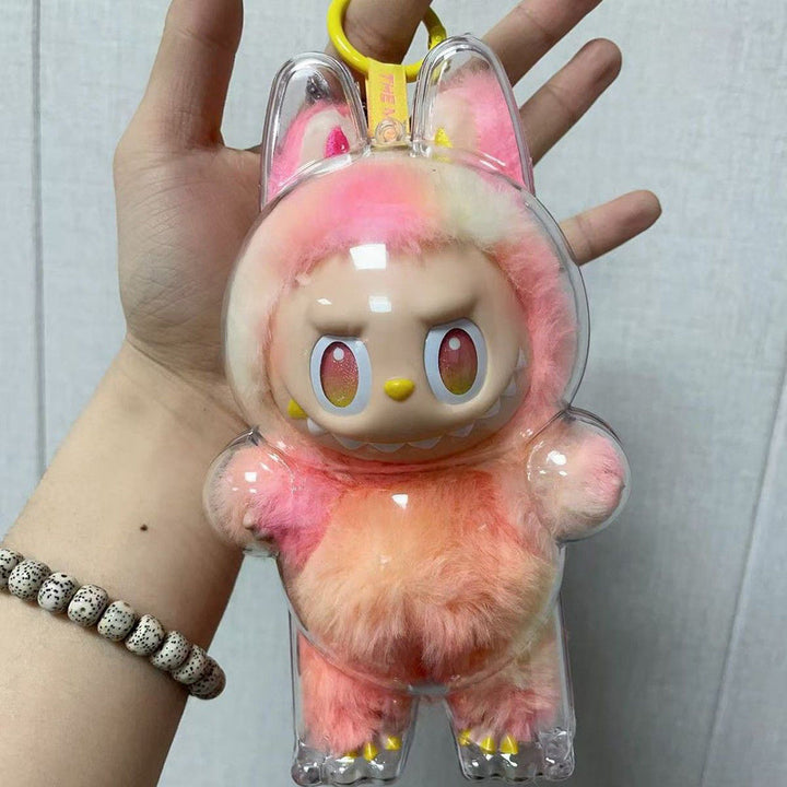 Clear Protective Case for Labubu Figurines - Cute Halloween Design with Pink Bunny & Blue Elephant, Durable ABS Material, Dustproof Cover for Collectors, Backpack Decor, Outdoor Display, Ornament Storage Pralena