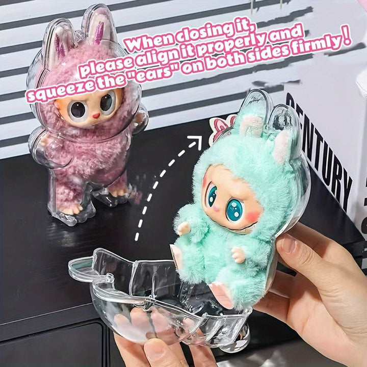 Clear Protective Case for Labubu Figurines - Cute Halloween Design with Pink Bunny & Blue Elephant, Durable ABS Material, Dustproof Cover for Collectors, Backpack Decor, Outdoor Display, Ornament Storage Pralena
