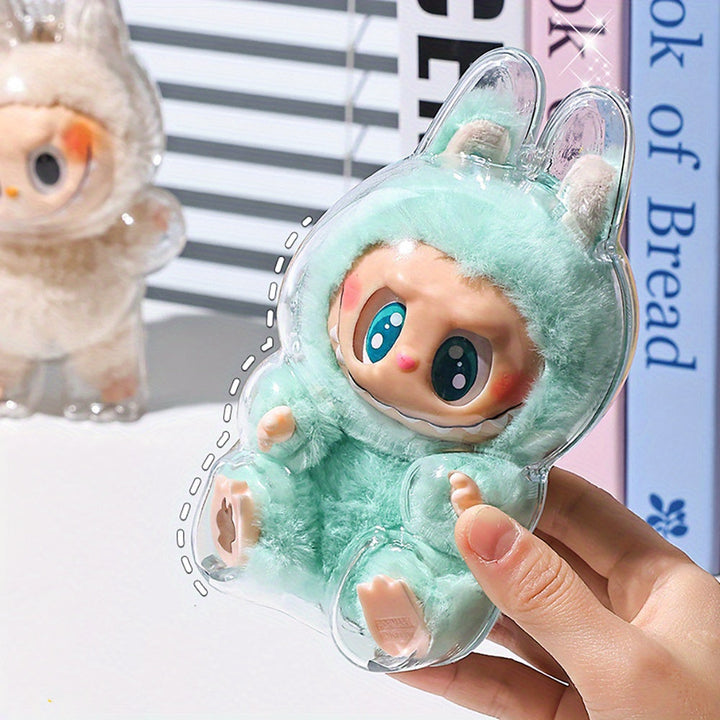 Clear Protective Case for Labubu Figurines - Cute Halloween Design with Pink Bunny & Blue Elephant, Durable ABS Material, Dustproof Cover for Collectors, Backpack Decor, Outdoor Display, Ornament Storage Pralena