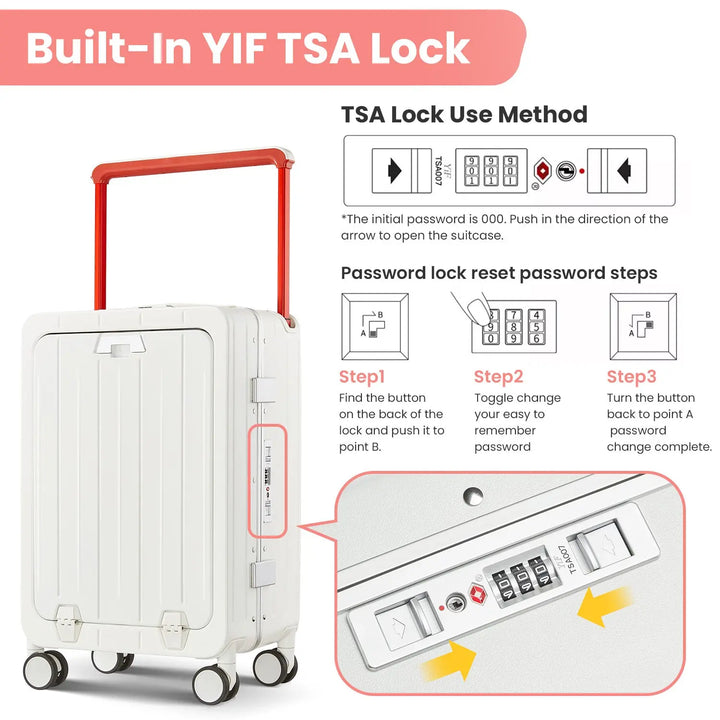 20-Inch Aluminum Frame Carry-On Luggage with Front Open Compartment, PC Hard Shell, Wide Handle, 360° Spinner Wheels, and TSA Lock - Airline Approved for Business Travel(White) Pralena